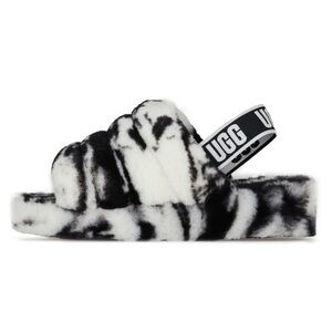 😍 NIB UGG Fluff Yeah B&W Marble Slide with Logo Strap